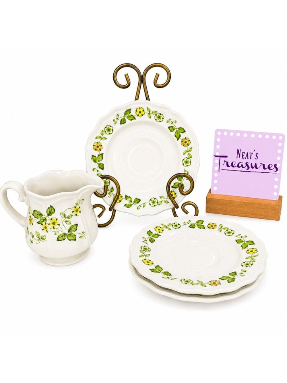 70's Sears PETITE FLORAL 4009 Yellow Orange Flower Ironstone 3 Saucers & Creamer